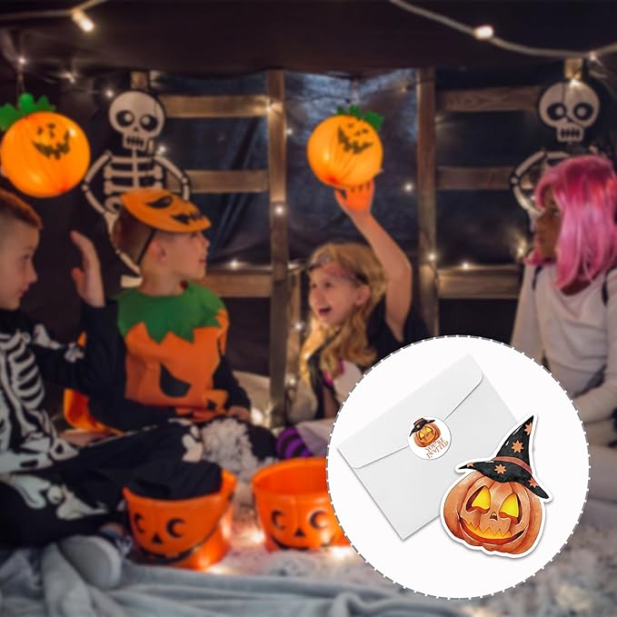 REWIDPARTY 15 Sets Halloween Invitations with Envelopes Stickers, Pumpkin Shaped Fill-in Invitation Cards, Birthday Baby Shower Party Invites, Funny Halloween Thanksgiving Party Supplies Decoration