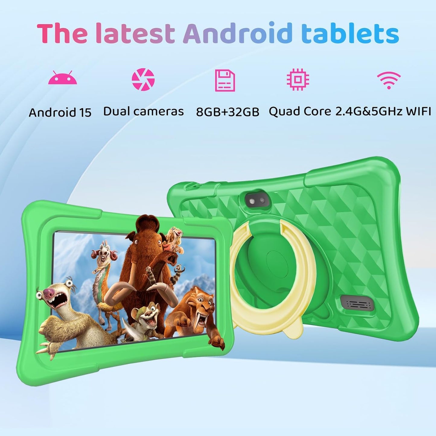 Kids Tablet, 7 inch Android 15 Tablet for Kids, 8GB+32GB 1TB Expand, Quad-Core Toddler Tablets with Shockproof Case, BT5.0, WiFi 5, Parental Control, Games, Dual Camera (Green)