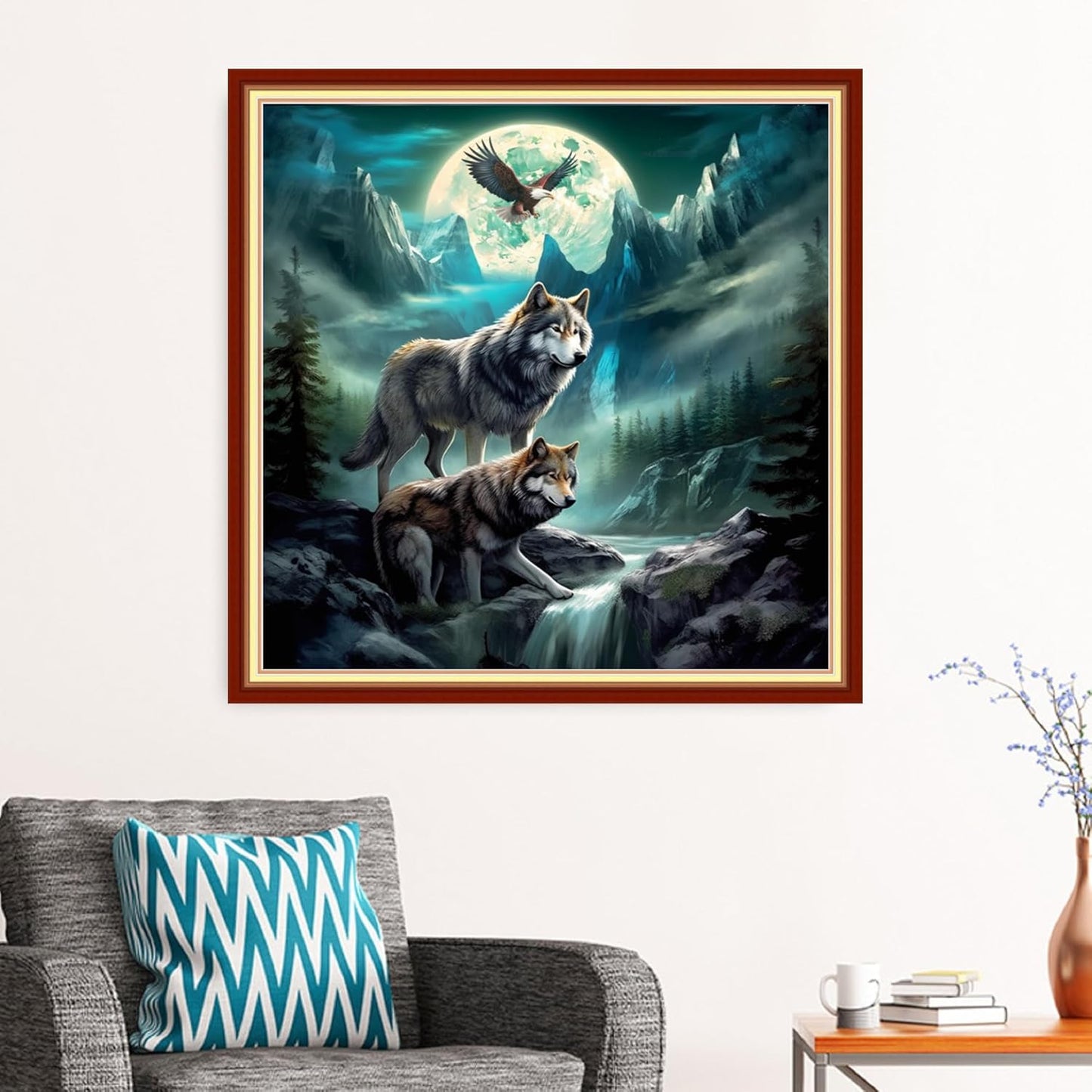 Stamped Cross Stitch Kits - Beach Night Landscape Counted Cross Stitch Kits for Beginners Adults Needlepoint Cross-Stitch Patterns-Eagle Wolf 18x18 inchs