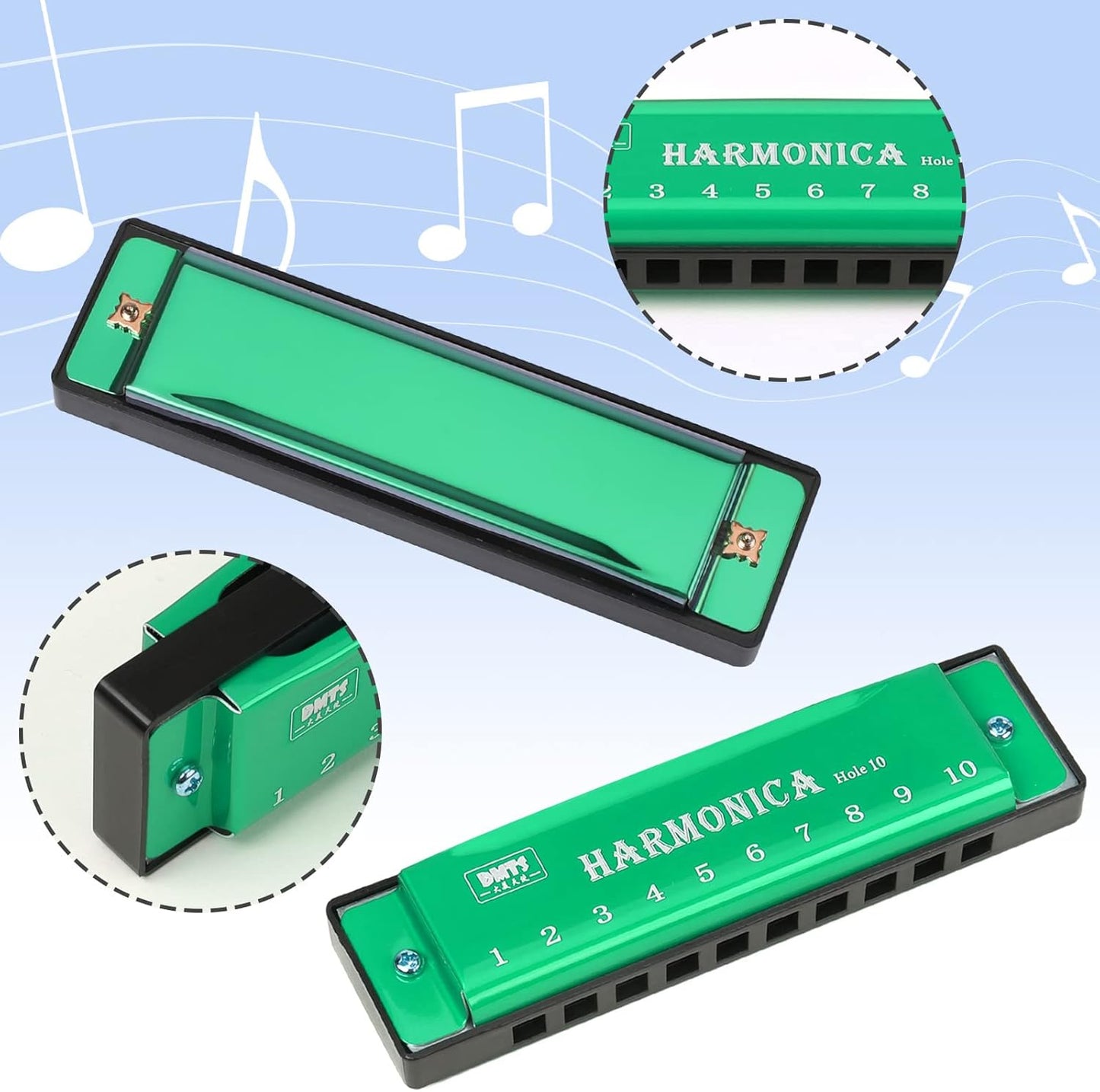 UPINS 4PCS Key of C 10 Hole 10 Tones Titanium Color Harmonica with Case for Beginner Students（Red, Blue, Green, Purple）