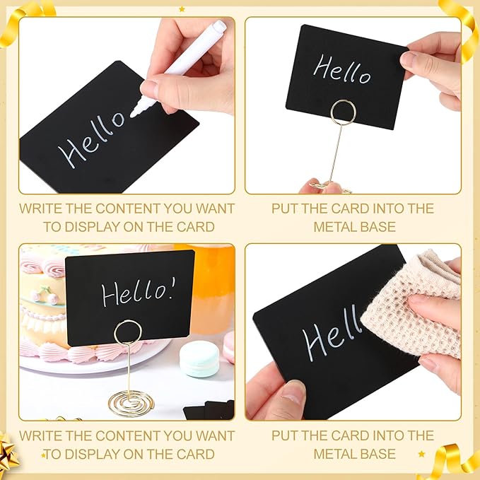 TecUnite 12 Pcs Mini Chalkboard Signs, 4"x3" Small Chalkboard Label with Metal Stand 2 Water Based Chalk for Food Buffet Tabletop Blackboard Sign for Party Bakery(Gold,3.4 x 1.6 in)