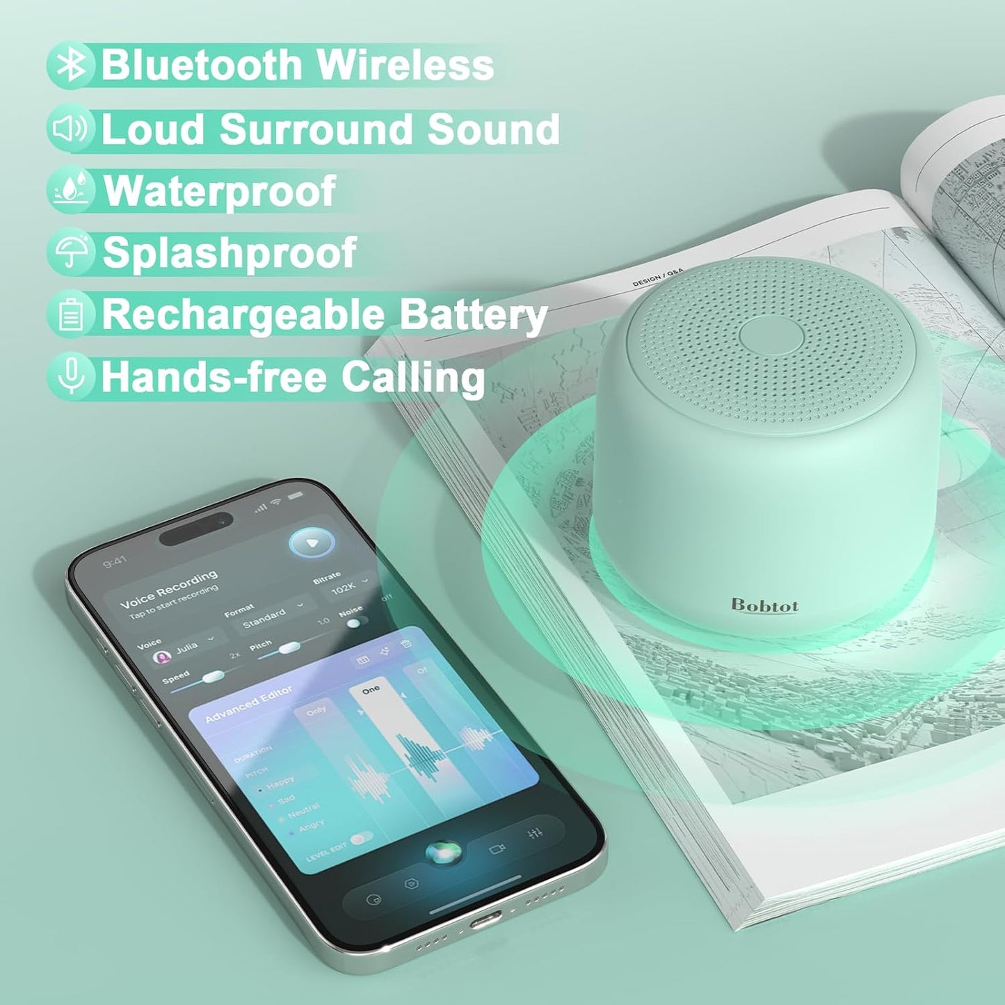 Bobtot Portable Bluetooth Speakers with Strap Easy to Carry, Wireless IPX5 Waterproof Mini Speaker with Loud Stereo Sound, 20 Hours Playtime, Rechargeable Battery, Built-in Microphone, Green