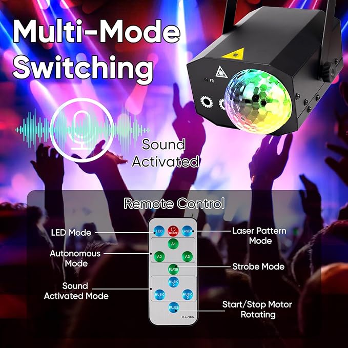 Party Lights DJ Disco Ball Light: LED Stage Laser Light with Sound Activated Remote 72 Patterns - RGB Strobe Lighting Projector for Parties Club Floor Bar Rave Christmas