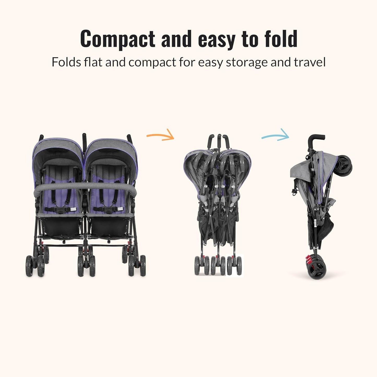 Dream On Me Volgo Twin Umbrella Stroller in Purple, Lightweight Double Stroller for Infant & Toddler, Compact Easy Fold, Large Storage Basket, Large and Adjustable Canopy