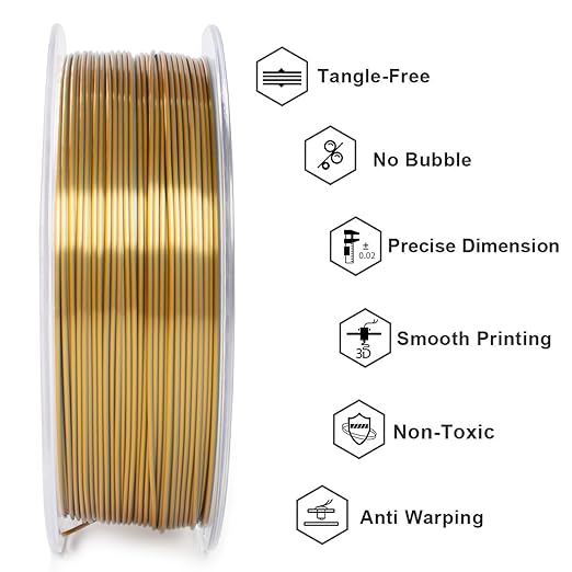 Geeetech Silk PLA Filament 1.75mm Silk Dual Color Filament, Coextrusion Dichromatic Metal-Like Shiny Consumable 1kg (2.2lbs) 1 Spool, Dimensional Accuracy +/- 0.02 mm, Gold Silver