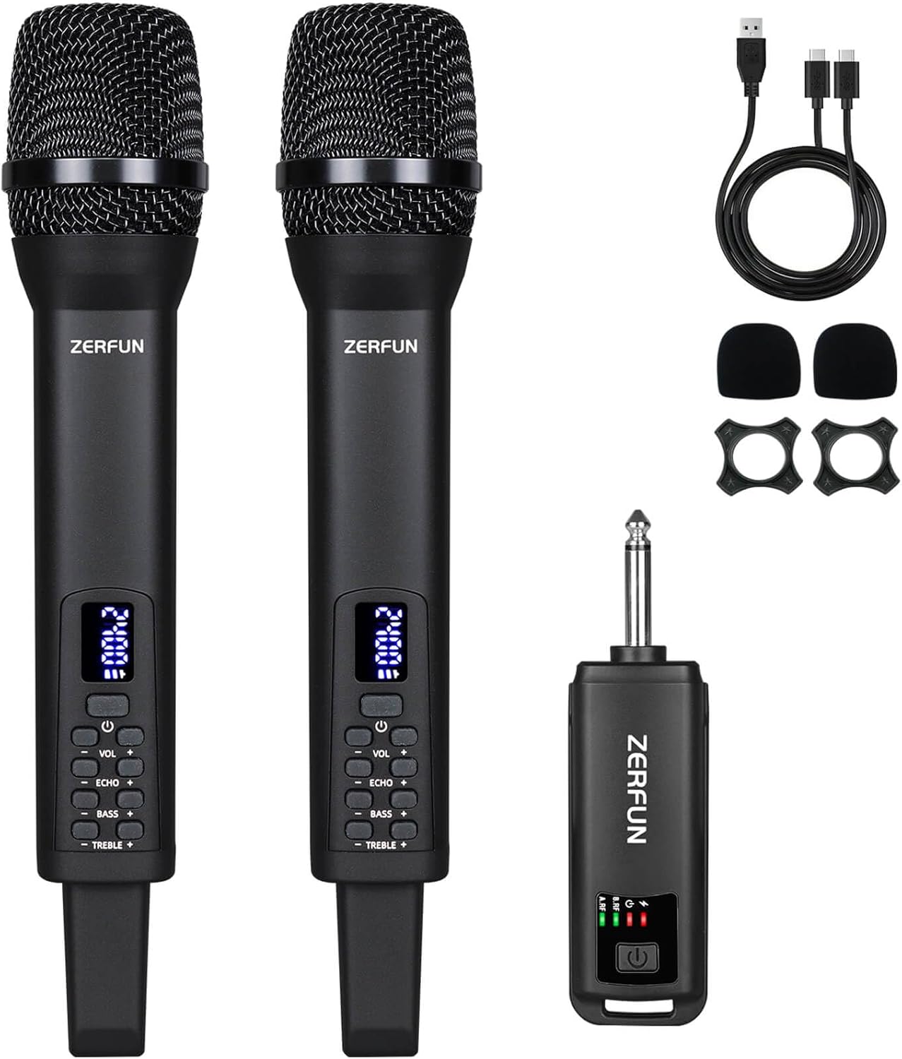 Rechargeable Wireless Microphones Dual, Pro Handheld Cordless Mics System Dynamic with Echo Treble BASS VOL Control for Karaoke Singing Church Party, 1/4'' Output, D240, Black