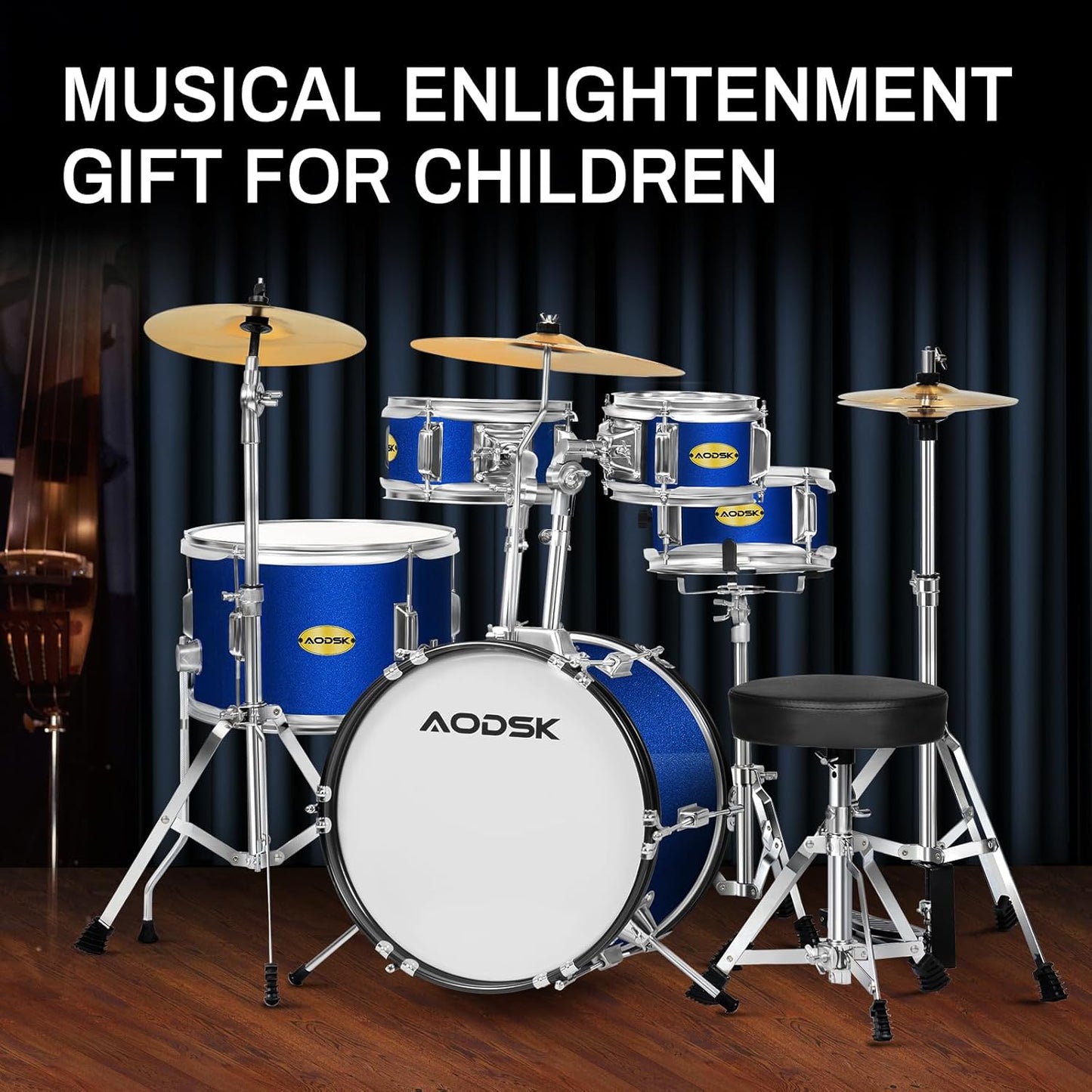 AODSK Kid Drum Sets 5-Piece for Beginners, 14 inch Full Size Complete Drum Kit with Adjustable Throne, Cymbal, Hi-Hat, Pedal & Drumstick, Black