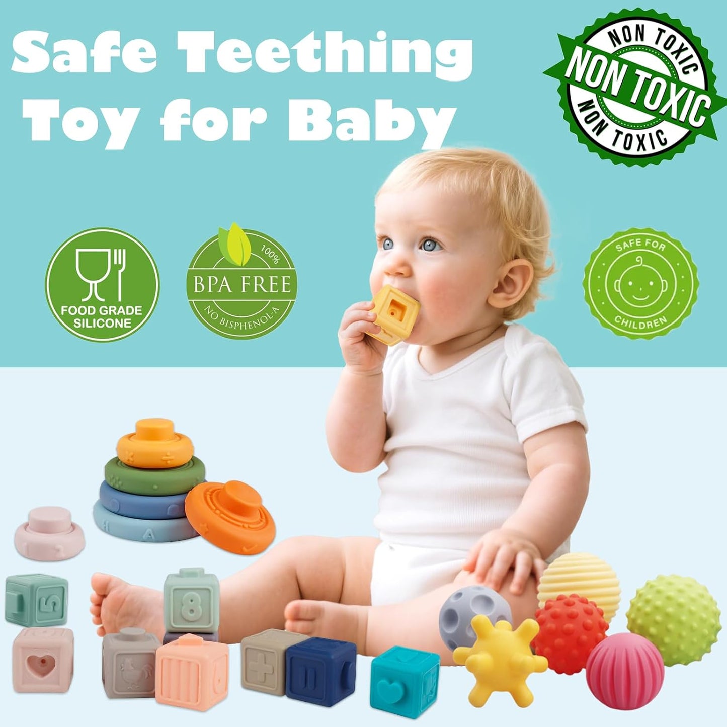 Montessori Toys Soft Stacking Building Blocks Rings Balls Sets 3 in 1 Baby Toys Bundle for Babies 6-12 Months Sensory for Toddlers 1-3 Teething Bath for Infants Learning Toy