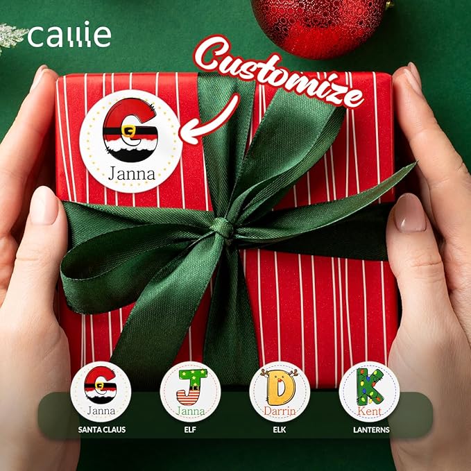 Personalized Christmas Name Stickers Xmas Decorations Initial Gift Stickers | 4 Initial Design | Custom Waterproof Cute Labels for Gift Box, Party Decorations, Envelopes | 30 Pcs ﻿