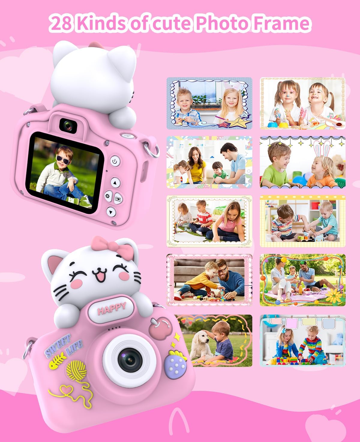 Video Kids Camcocrder, Kids Boys Digital Toddler Camera for 3 4 5 6 7 8 Years Old Birthday Gifts, 1080P Video Camera with Cute Protective Cover & 16GB TF Card, Pink