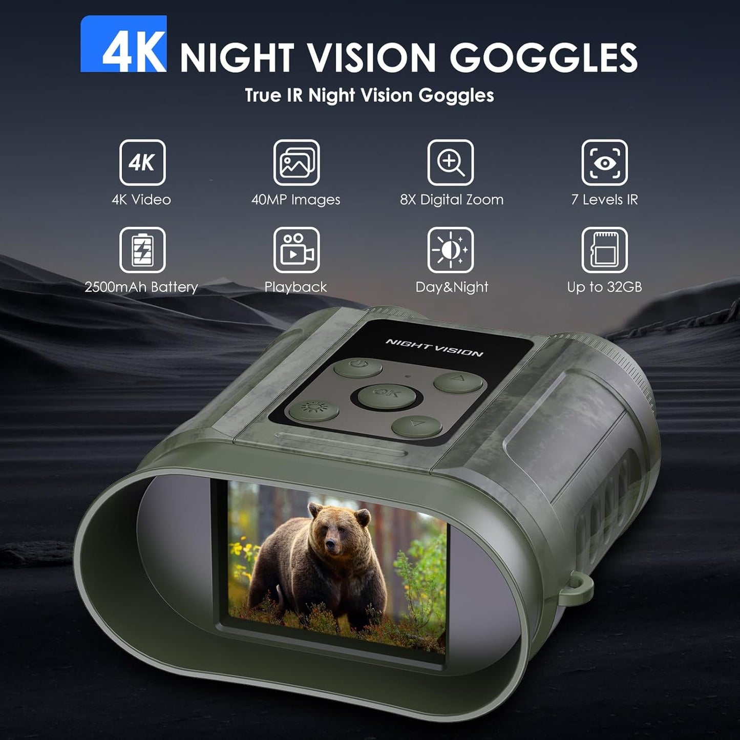 Night Vision Goggles,Compact Night Vision Binoculars,32GB Card Included, Photo/Video Capture,Outdoor Tools for Education, Wildlife Watching,Gifts for Boy, Gifts for Men, Gifts for Father(Green)