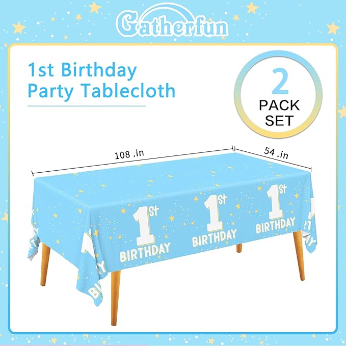 Gatherfun Baby Blue Party Supplies Set: 1st Birthday Decorations, Includes 2-Pack Baby Boy -Themed Tablecloths for First Birthday Decorations, Disposable Table Covers 54 x 108 Inch
