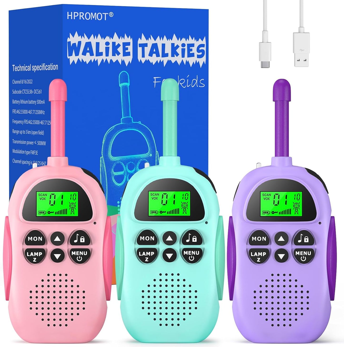 Walkie Talkies for Kids Rechargeable 3 Pack Walkie Talkies, Long Range 22 Channels 2 Way Radio Kids Birthday Toy Gift for 3-12 Year Old Boys Girls Outdoor Adventures Camping Hiking