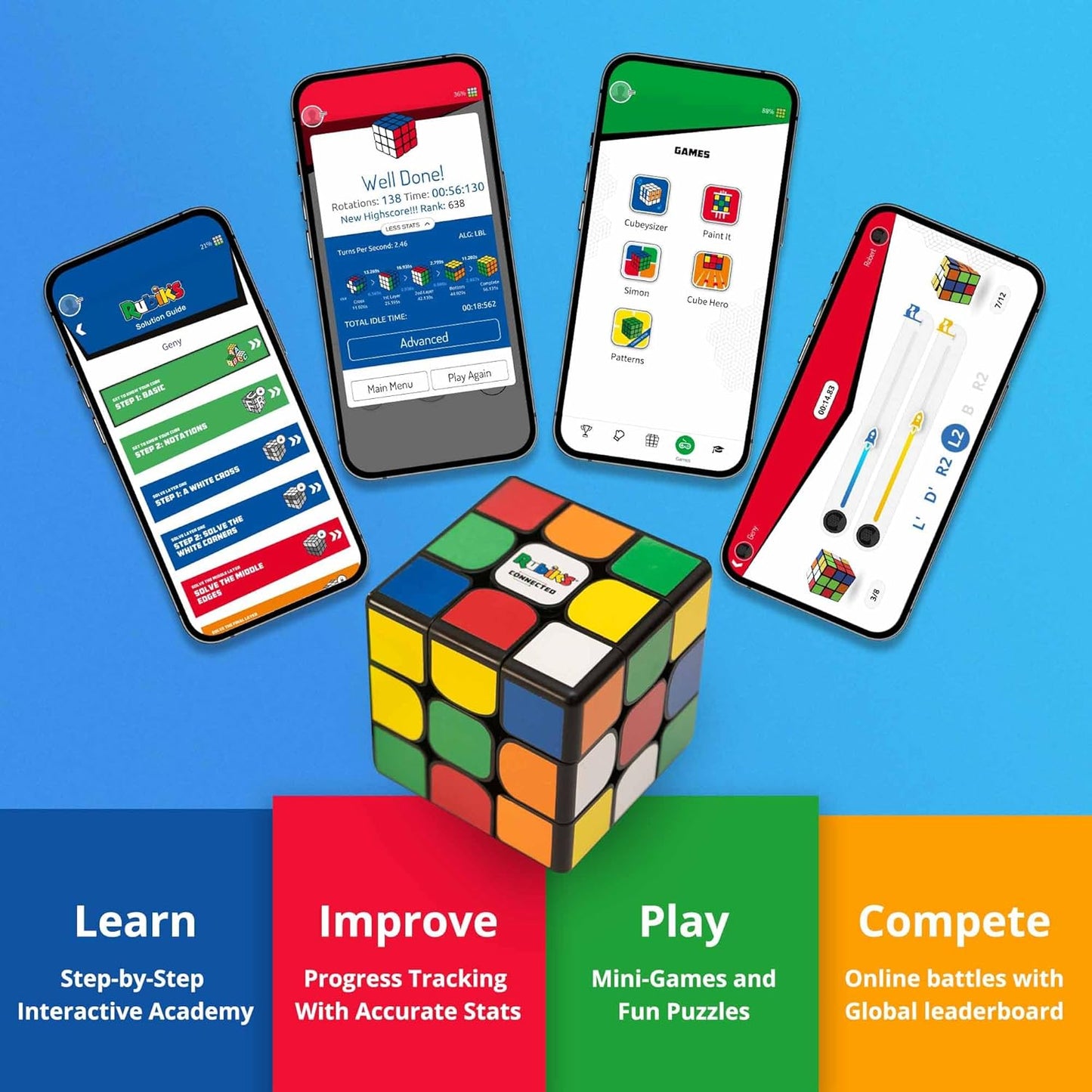 The Original Rubik’s Connected, Go from Beginner to Pro in No Time. 3x3 Smart Magnetic Intelligent Speed Cube. User Friendly App & Online Battles. Rechargeable Battery. STEM Puzzle. Fits All Ages