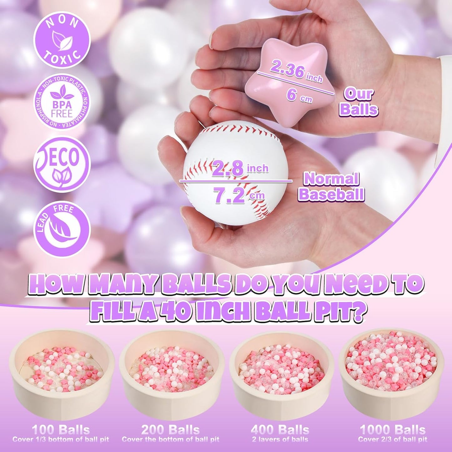 GOGOSO Balls for Ball Pit - Plastic Ball for Toddlers 1-3, Baby Kids Ball Pool Decoration 50 100 200 300 500 1000 (A Purple+Pink+White+Clear, 500 Balls)