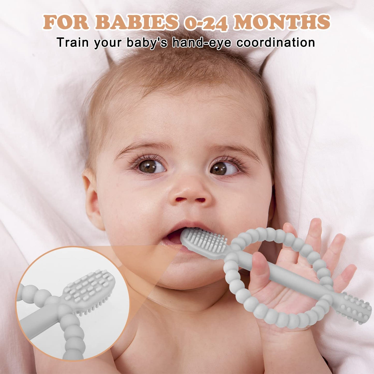Baby Teething Toys with Easy-Hold Handle, Silicone Infant Toothbrush, Textured On Both Sides Helps Massage, Soothe Sore Gums, Teething Toys for Babies 0-6 Months, 6-12 Months Peach Powder & Gray