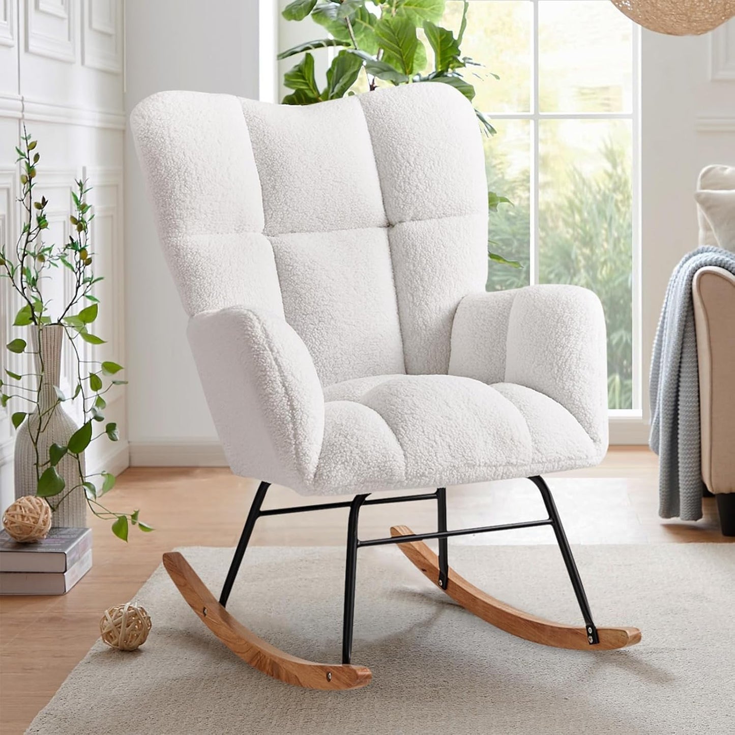Kiztir Rocking Chair Nursery, High Backrest Teddy Glider Rocker Upholstered Rocker Recliner Modern Rocking Accent Chairs for Bedroom, Living Room, Offices (Ivory)