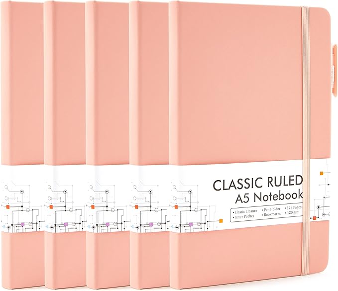 feela 5 Pack Notebooks Journals Bulk, Hardcover Classic Ruled Lined Journals with Pen Holder for Women Girls School Business Supplies, with 5 Black Pens, 120 GSM, 5.1”x8.3”, A5, Light Coral