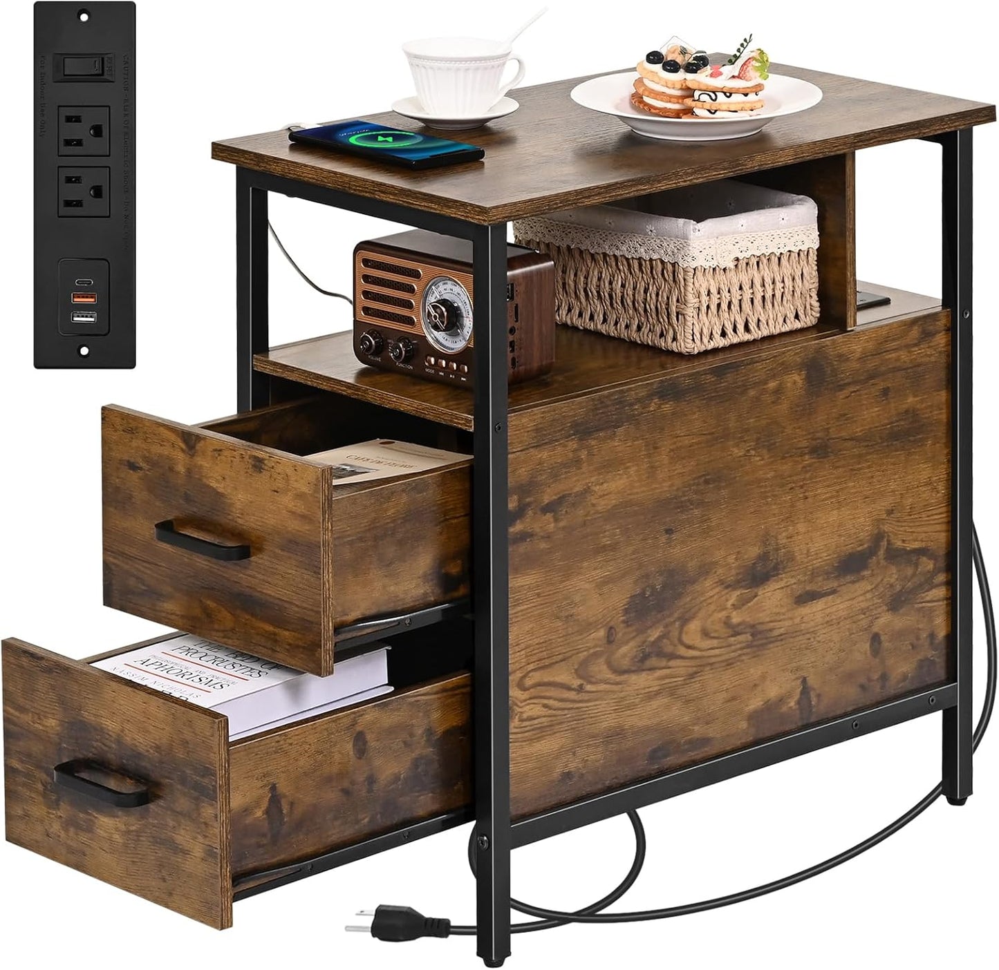Side Tables with Charging Station, Narrow End Table with 2 Wooden Drawers, USB Ports and Power Outlets, Narrow Nightstand and Bedside Table, Side Tables Living Room, Bedroom, Brown