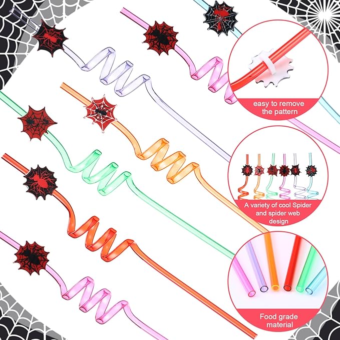 Yungyan 24 Sets Spider Party Favors Goodie Cups with Lids and Straws for Halloween Party Decorations Reusable 16oz Plastic Candy Cups Plastic Straws for Birthday Gift (Spider)