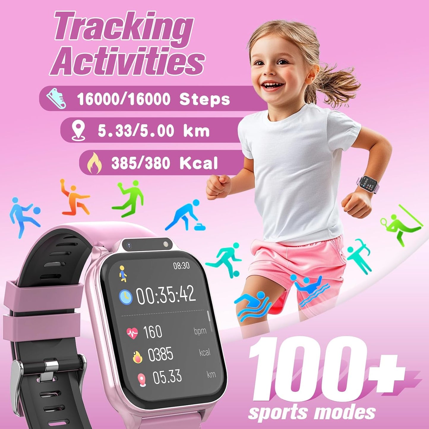 Smart Watch for Kids 1.85" with Fitness Tracker, Sleep Monitor, 22/100+ Sport Modes, DIY Dial, IP68 Waterproof, Step Counter, Heart Rate, Camera, with/Without APP, Gift for 3-12 Years Old Girls