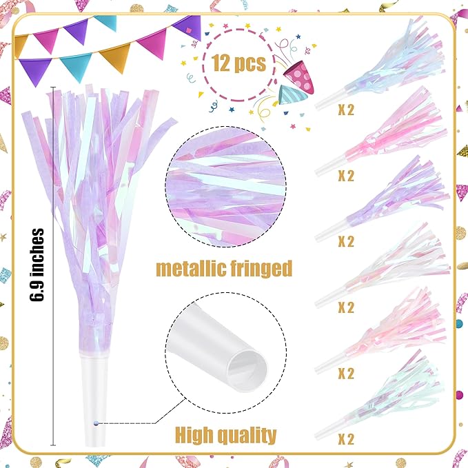 12 Pcs Party Blowers Glitter Noise Makers Metallic Fringed Party Horns for Adults Birthday Graduation New Years Party Favors Supplies