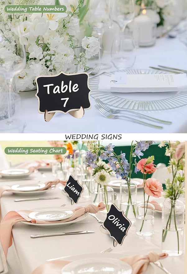 Herda 18 PCS Mini Chalkboard Signs with Easel Stand, Wooden Blackboard Labels for Wedding Celebration, Name/Place Cards, Food Labels for Party Buffet, Reusable Signs/Message Boards/Table Numbers etc.