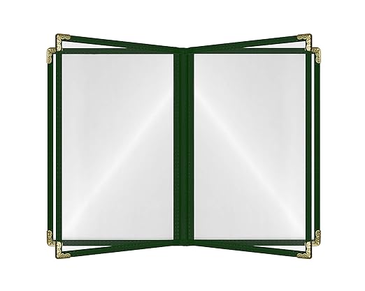Goodsmart Restaurant Menu Covers – 25 Pack Green 4-Page/8-View 8.5" x 11", Side-Loading Vinyl Menu Holders with Clear Sleeves, Double-Stitched, Leather-Style Café Covers with Gold Corners