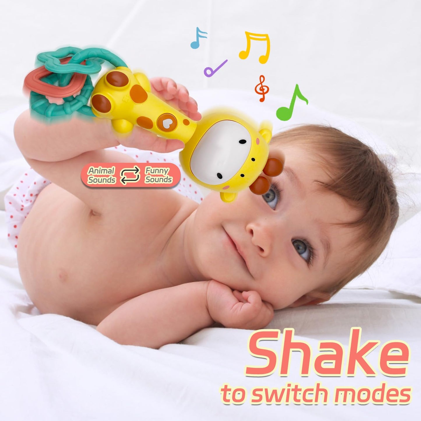 Baby Music Rattle, Teething Toys for Infants 6-12-18 Months Toddlers, Light-Up & Chew Sensory Toys for Baby Boy Girl Gifts (Giraffe)