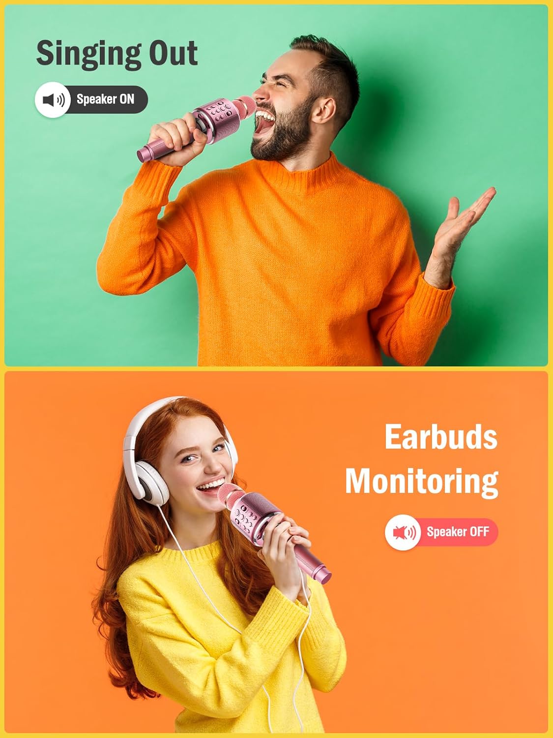 Wireless Bluetooth Karaoke Microphone, Built-in Loud Speaker for 10H Playback, Add Reverb/Duet Mode/Earbuds Monitoring, Portable Karaoke Machine for Entertainment & Singing Practice (Rose Gold)