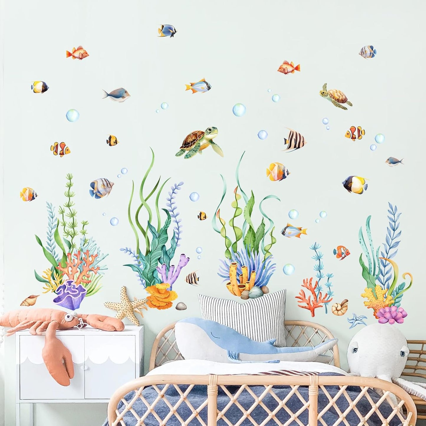 Supzone Under The Sea Wall Decals, Seaweed Grass Ocean Fish Sea Turtle Underwater Wall Stickers Vinyl Decor for Baby Boys Kids Nursery Bedroom Bathroom Classroom Playroom