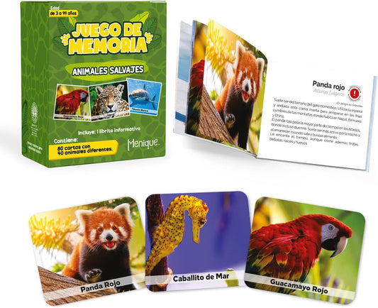 Menique Wild Animals Memory Matching Game – Spanish Edition – 80 Cards (40 Pairs) with Real Photos – Educational Game in Spanish for Kids and Adults – Includes Booklet