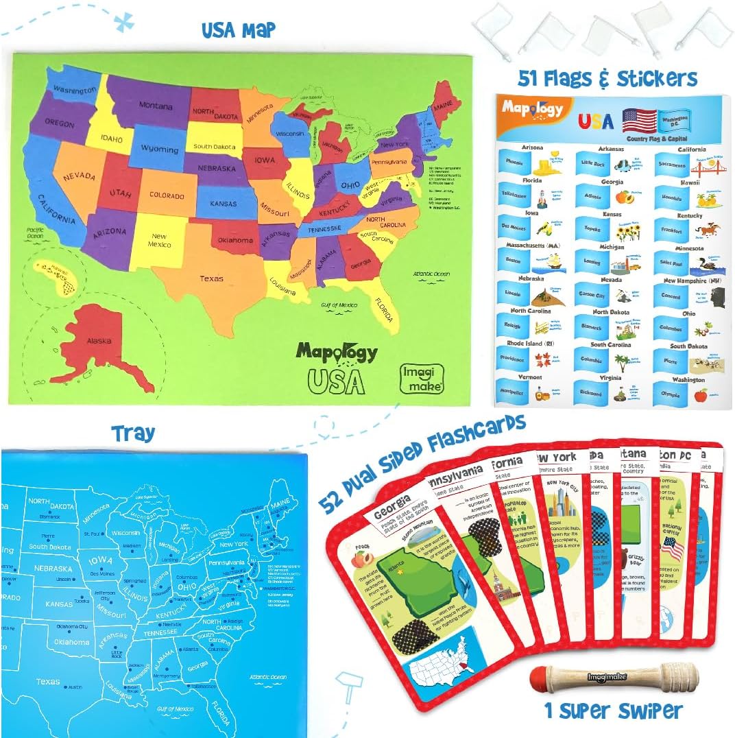 Imagimake Mapology United States Flash Card Puzzle with Flags, Country- Capitals | Educational Toys for Kids Ages 5-8 | Learn Geography Puzzles for kids Ages 8-10 | Christmas Gift for Boys & Girls
