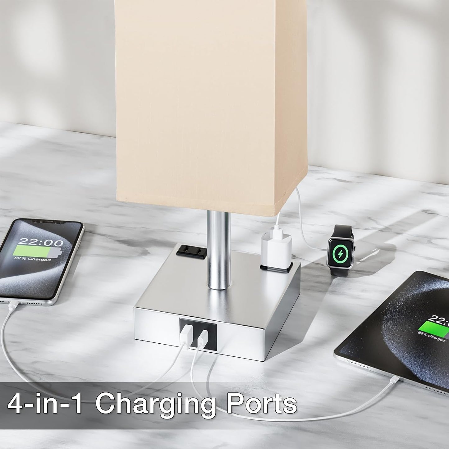 Touch Bedside Table Lamp for Nightstand - 3-Way Dimmable Night Lamp with USB A + Type C Charging Ports and Two AC Outlets, Small Desk Light with E26 LED Bulb for Bedroom Living Room Dorm Office