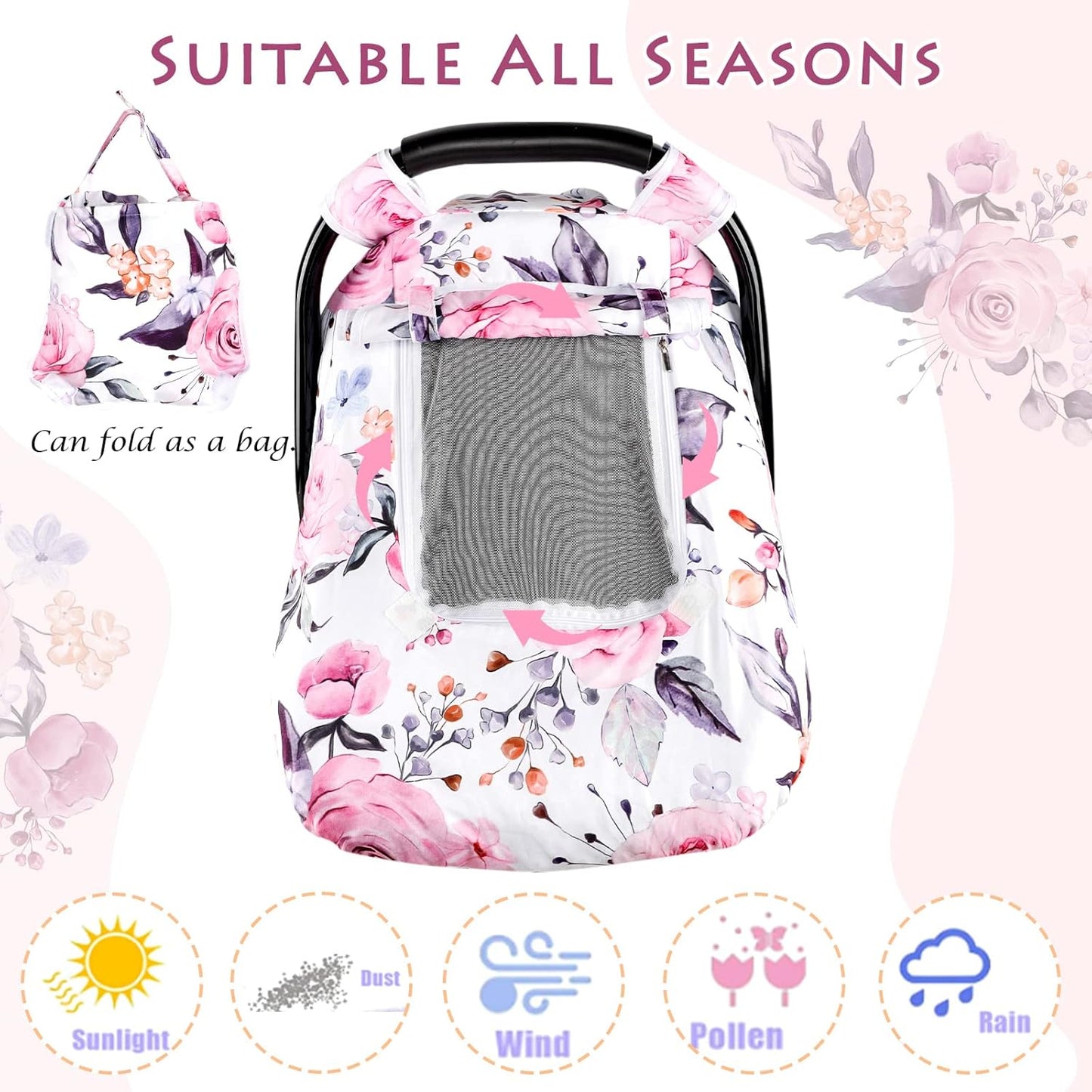 Floral Baby Carseat Cover Girls, Pea Pod Infant Car Seat Covers Canopy for Newborn with 2 Layers Windows of Breathable Mesh/Fabric, Lightweight Polyester/Minky Dot Backing, Snug Fit Most Baby Car Seat