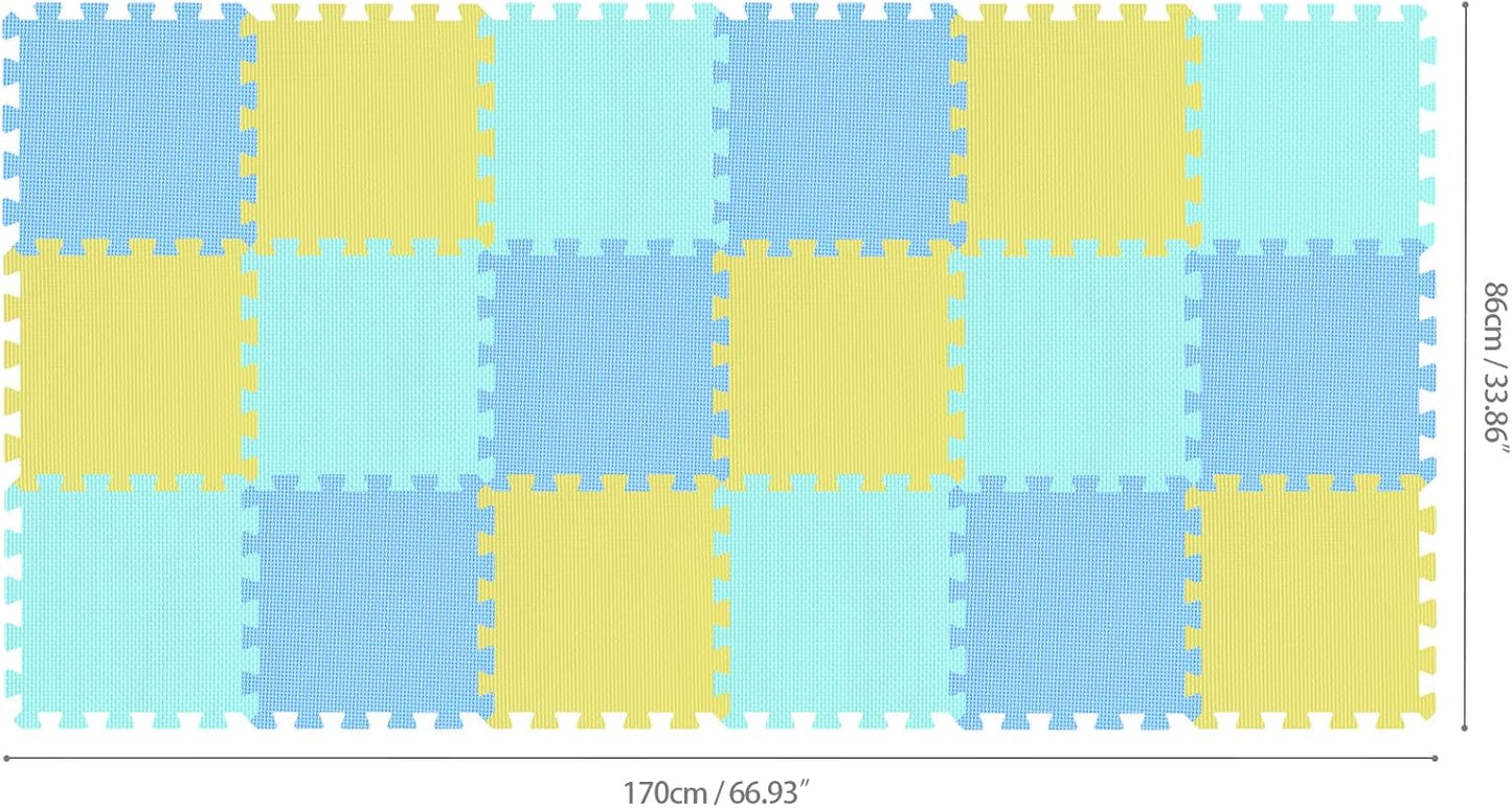qqpp EVA Rubber 18 Tiles Interlocking Puzzle Foam Floor Mats - Baby Play Mat for Playing | Exercise Mat for Home Workout. Yellow, Blue, Green. QC-EGHb18N