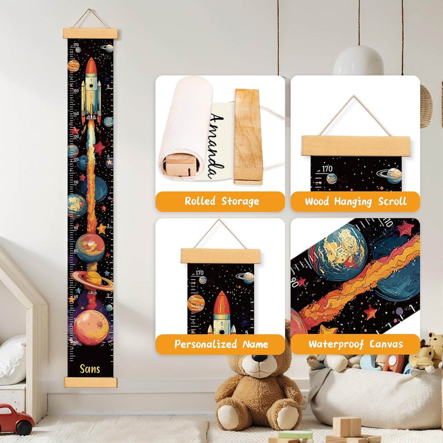 Personalized Name Growth Chart Wall Decor for Kids – Canvas Removable Height Chart Measuring Ruler 59" x 7.9" (Rocket)
