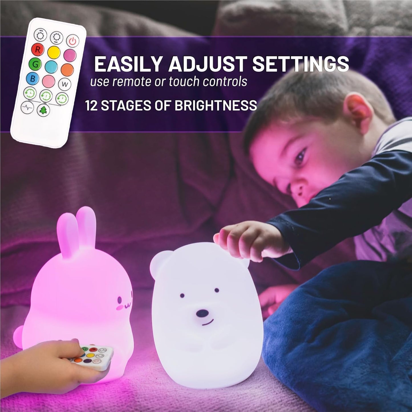 Lumipets Remote Control Silicone Night Light for Kids - Bear Design with 9 Soft Colors & Sleep Timer - Rechargeable, Battery-Operated Lamp for Bedroom | Baby Nursery, Toddler, Girls, Boys
