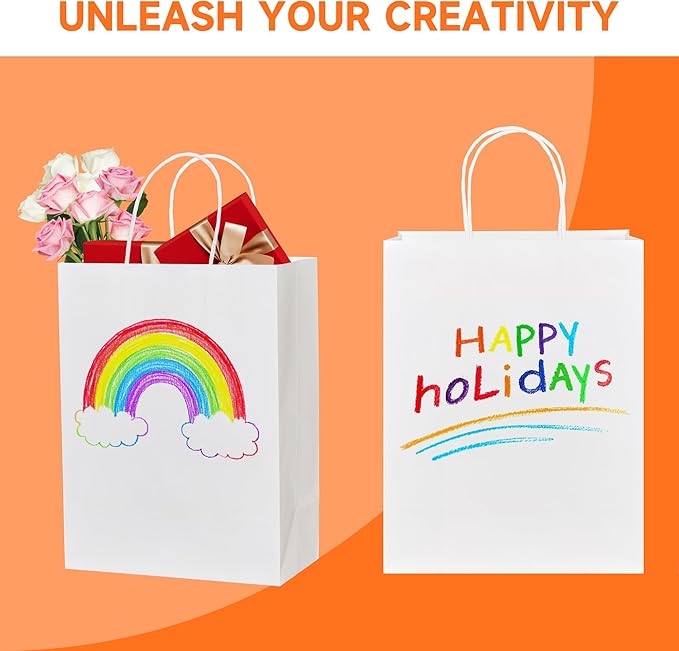 METAPRINT 50 Pack Small Gift Bags 5.8x3.2x8.25 Inch White Paper Bags with Handles Bulk, Kraft Paper Bags for Party favor, Retail, Grocery Sacks