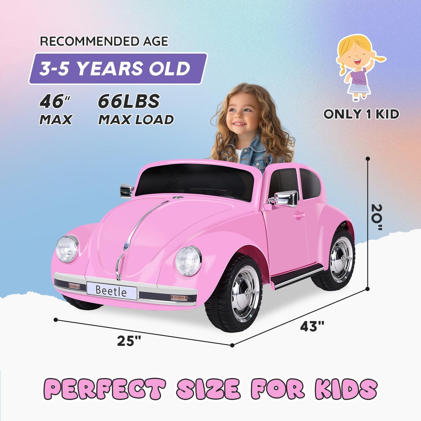 12V Kids Electric Car, Power Wheels with Remote Control, Ride on Car Toys with LED Light, 3 Speeds, Music, Pink