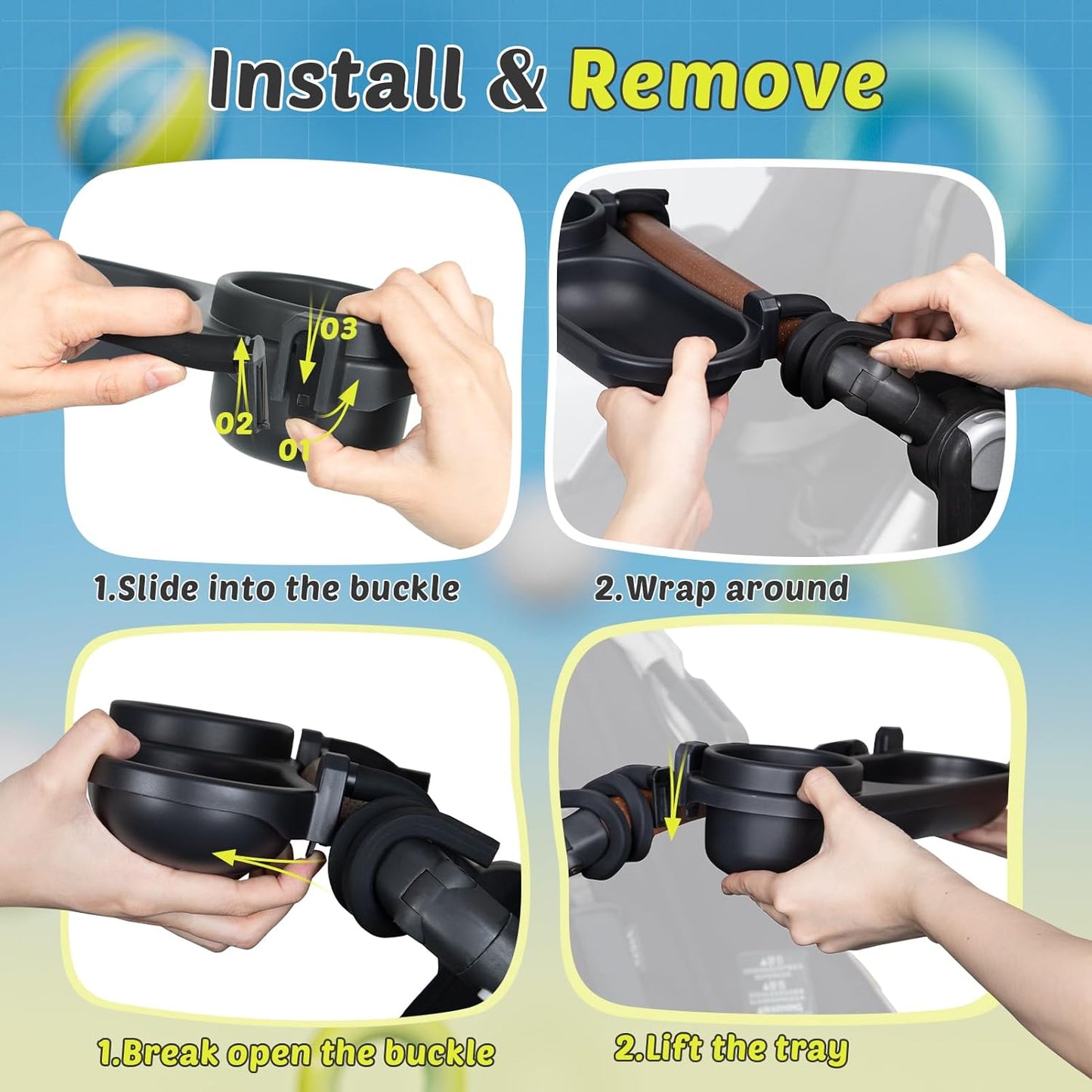 Universal Snack Tray for Stroller, Cup Holder Tray with Flexible Silicone Arm Gripper, Stays in Place Tray Attachment for Toddler & Kids, Snacking On The Go, Stroller Travel Accessories, Universal Fit