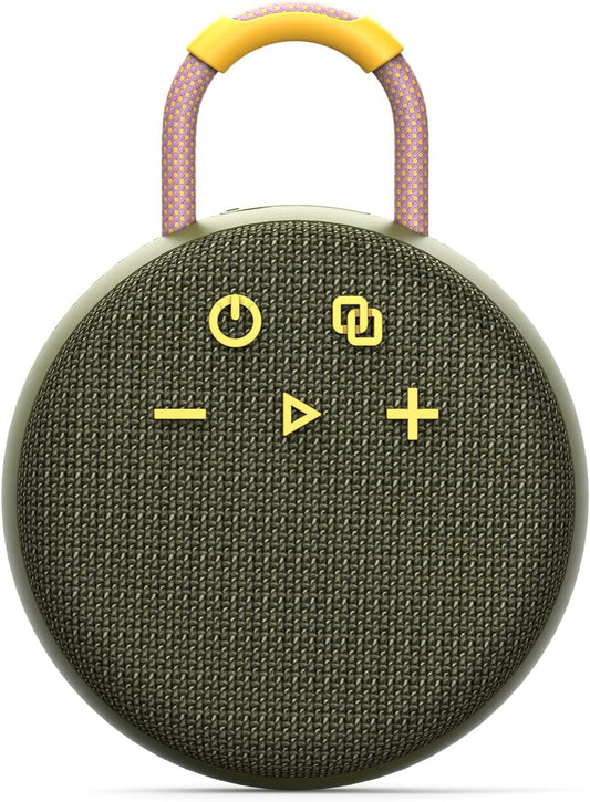 MusiBaby Rugged Mini Clip-On Speaker – BT 5.3, Waterproof Build, Shock-Resistant Rubber Shell, Great for Camping Packs, College Study Corners, or Travel Bags (Green)