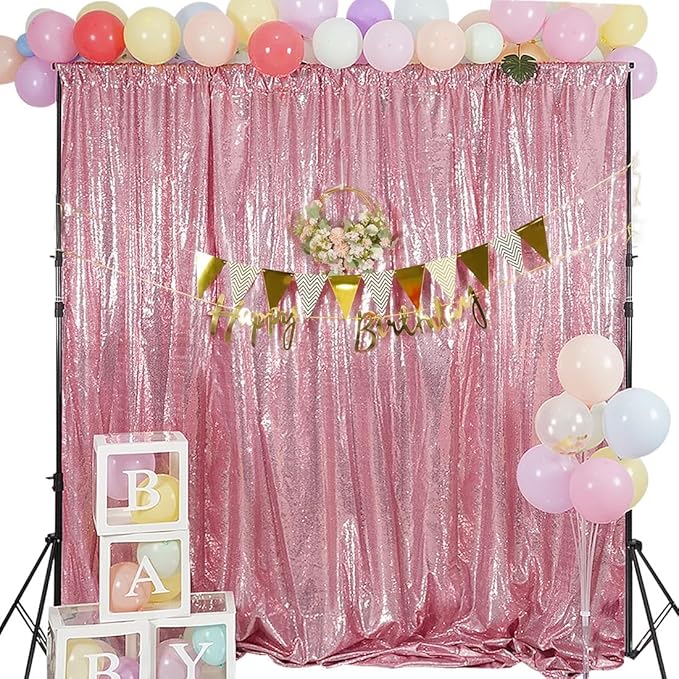 Juya Delight Pink Sequin Backdrop Curtain,Non See Through Photo Background Backdrop,Shimmer Wall Backdrop for Party,6FTx8ft,Fuchsia Pink