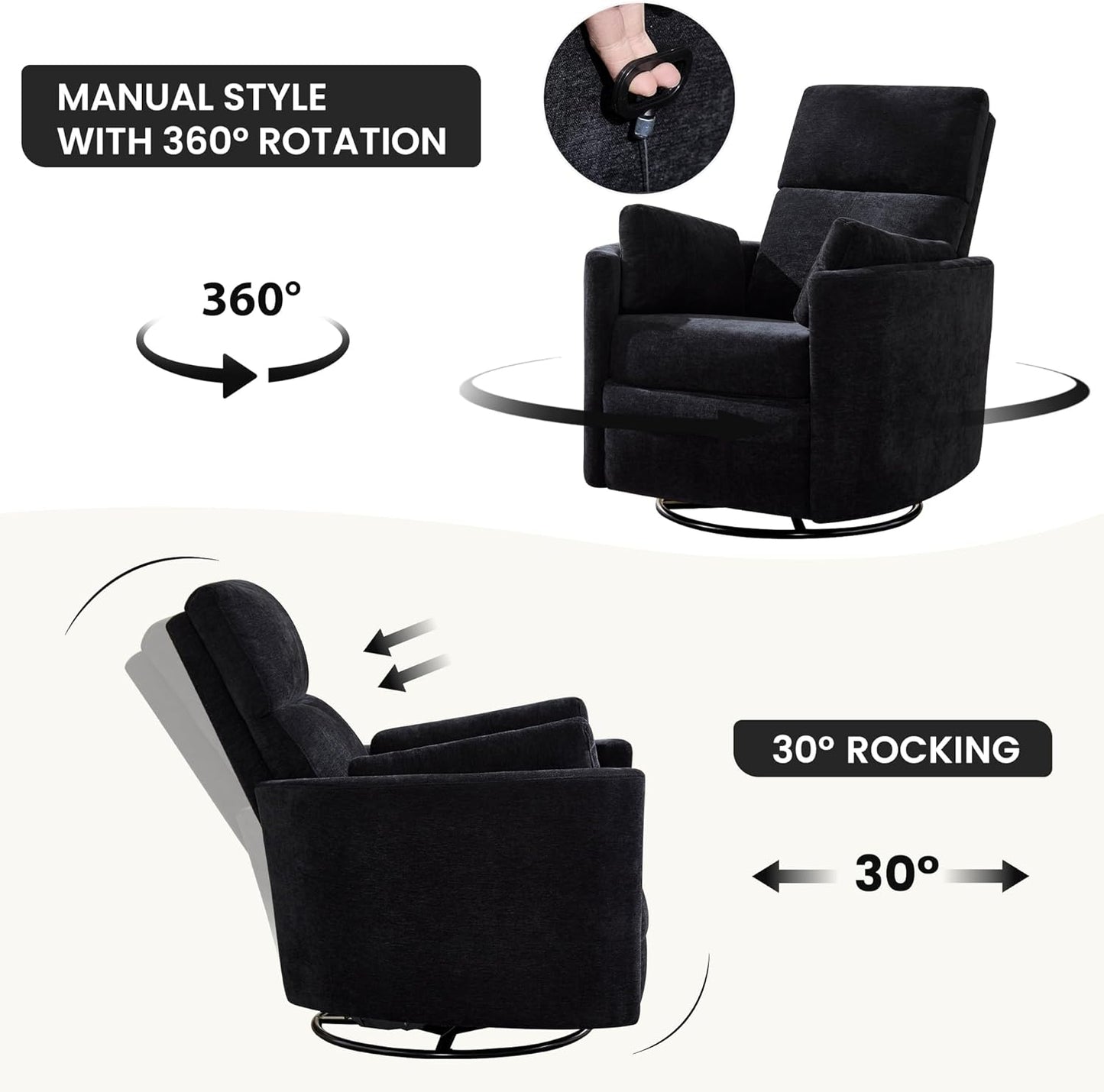 Swivel Rocker Recliner Chair, Manual Swivel Rocking Glider Chair for Nursery Adult Rocking Chair with 2 Pillows for Living Room Bedroom (Black, Manual Operation)