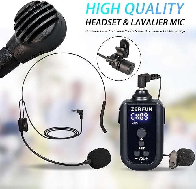 4 Channel Rechargeable Wireless Microphone System, Pro UHF Metal Headset Lavalier Lapel Cordless Mics Handheld for Karaoke Singing Church with VOL Control, 4x50 Adjustable Frequency(G8)