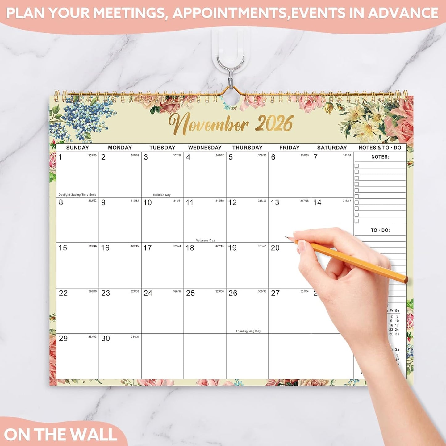 Wall Calendar 2026-2027, 18 Month Large Desk Calendar from January 2026 to June 2027 14.5" x 11.8" Monthly Calendar with Twin-Wire Binding for Home Office Planning Organisers, Flower Design
