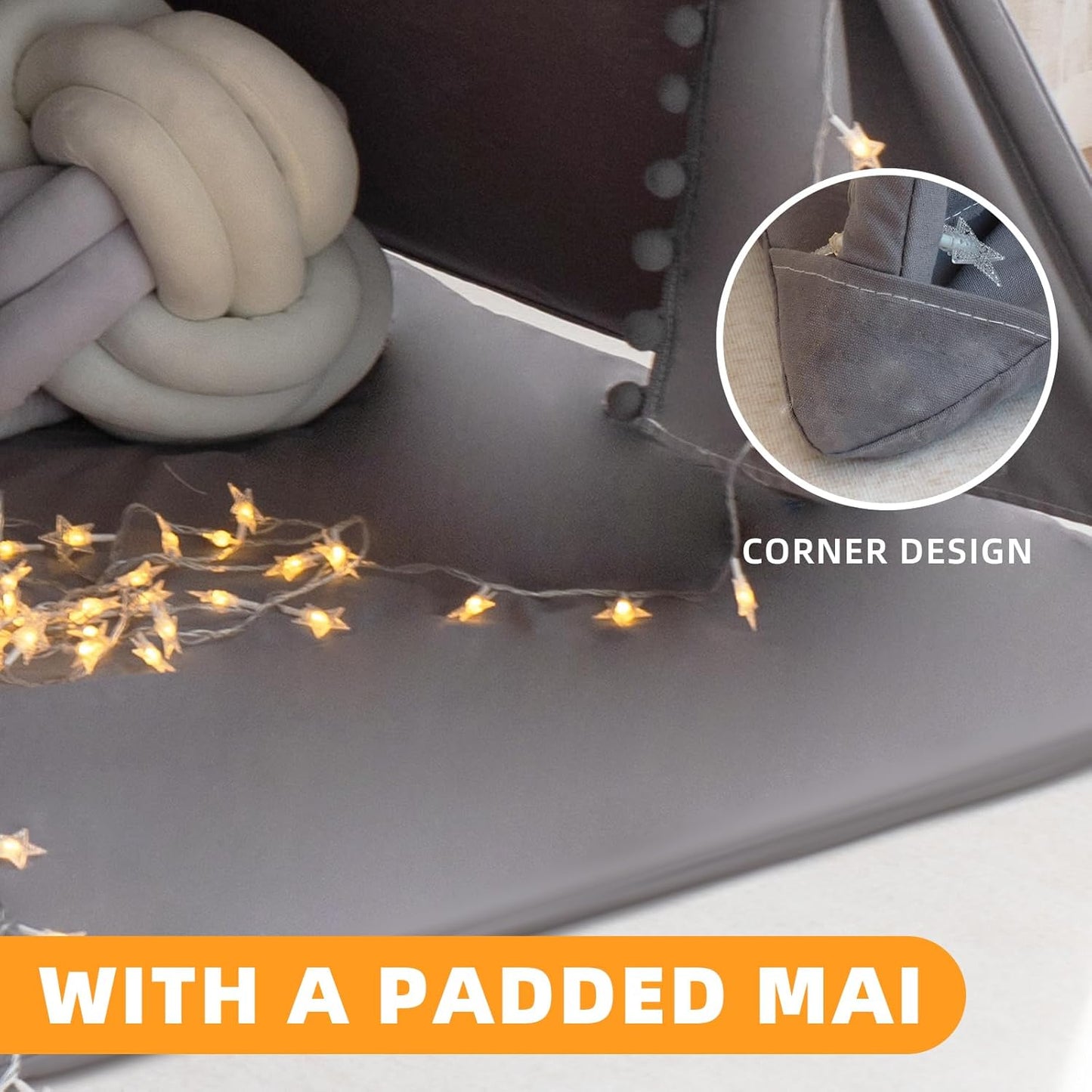 Teepee Tent for Kids with Mat, Star Lights, Carry Case, Cotton Canvas Playhouse, Foldable Tents, Portable Children Play Tent Indoor Outdoor(Grey)