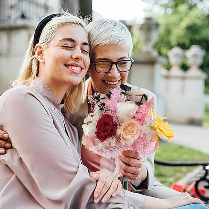 Preserved Flowers Bouquet Romantic Valentines Day Gift for Her LED Light 3 Preserved Real Rose for Delivery Christmas Mothers Day Birthday Gifts for Women Mother Wife Girlfriend (Pink)