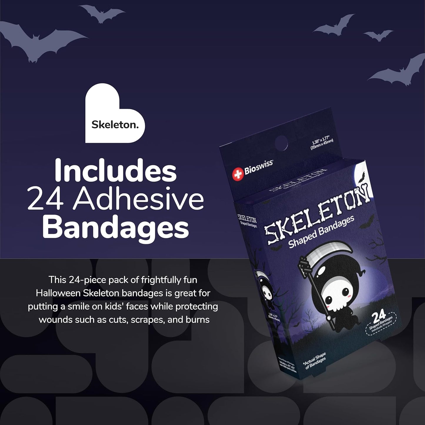 BioSwiss Bandages, Halloween Skeleton Shaped Self Adhesive Bandage, Latex Free Sterile Wound Care, Fun First Aid Kit Supplies for Kids, 24 Count