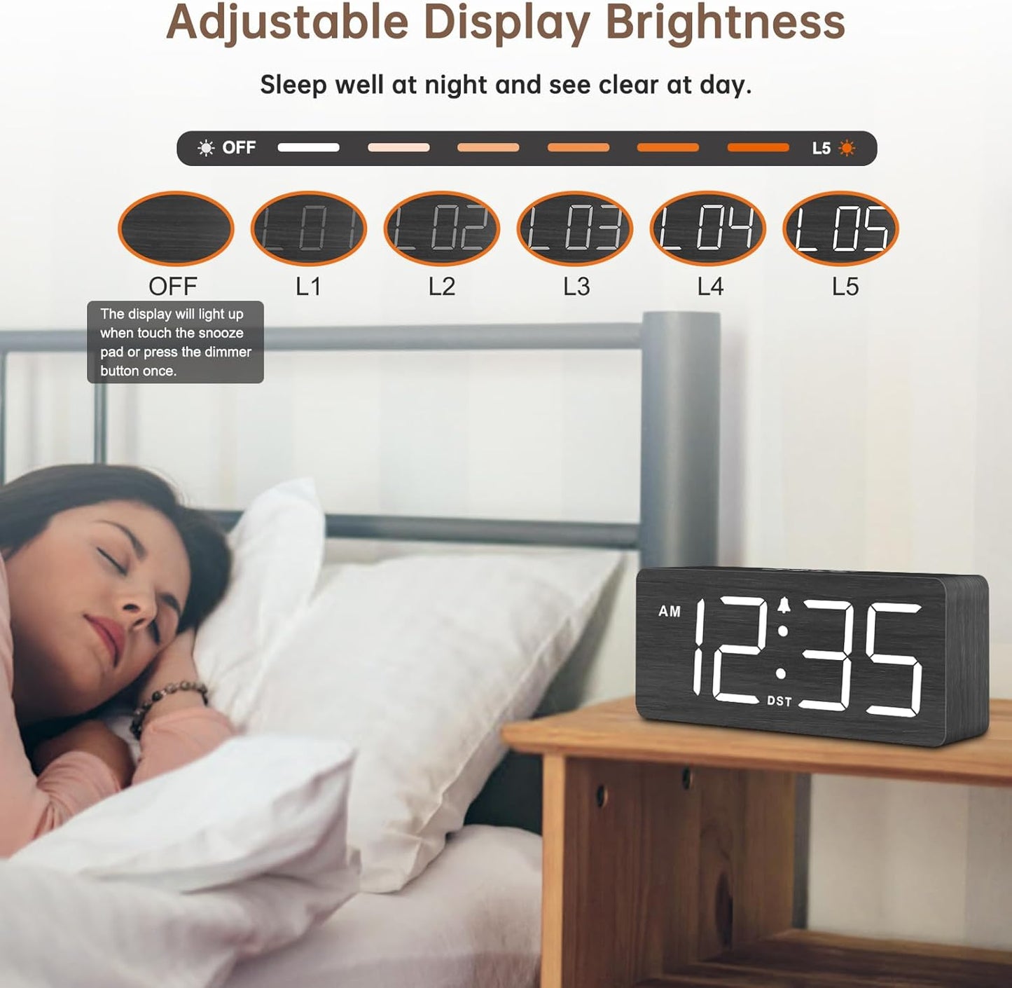 DreamSky Wooden Digital Alarm Clock for Bedroom - Loud Alarm Clock for Heavy Sleepers with Volume Control, Desk Clocks for Living Room with Large Numbers, Dimmer, DST, Wood Decor (Adapter Powered)